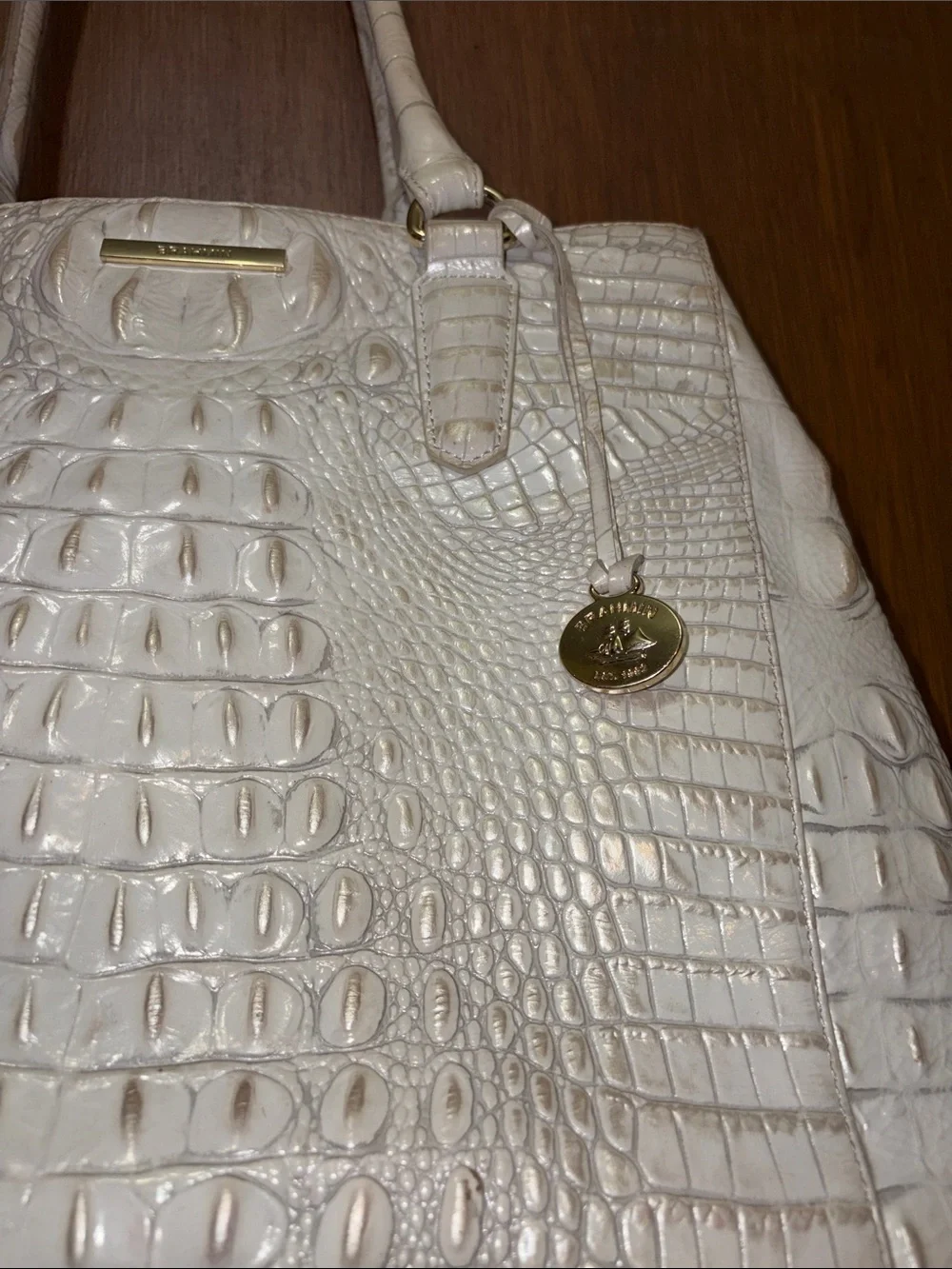 Brahmin Cream Croc-Embossed Leather Satchel